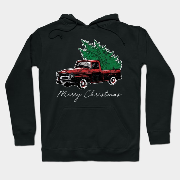 Merry Christmas Retro Vintage Red Truck Hoodie by Soema